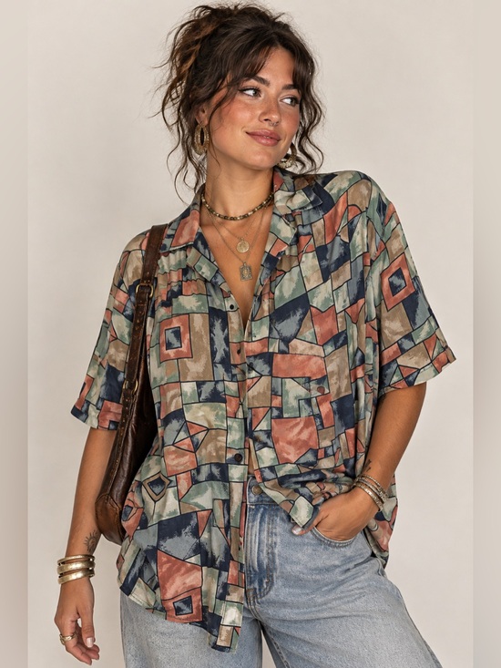 Vintage Tops - Vintage Stunt 100% Silk Blouse L Rare Abstract Geometric Art Colorful Print 90s